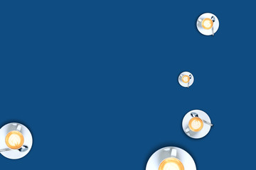 Coffee cup random pattern on solid classic blue background. Modern futuristic design in horizontal format