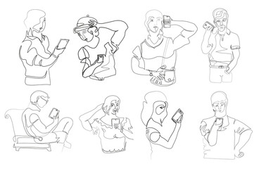 One continuous line drawing of a lot of people are looking at their cell mobile phones. Simple line art drawing of a lot of people are looking at their cell mobile phones. 