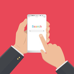 Businessman hand holding smartphone with search browser window on the screen isolated on the background. Flat vector illustration