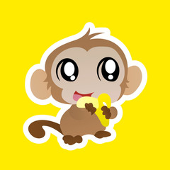 Fototapeta na wymiar Sticker of Monkey Eat Banana Cartoon, Cute Funny Character, Flat Design