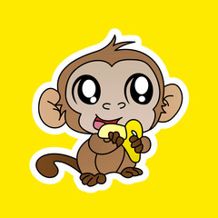 Sticker of Monkey Eat Banana Cartoon, Cute Funny Character, Flat Design