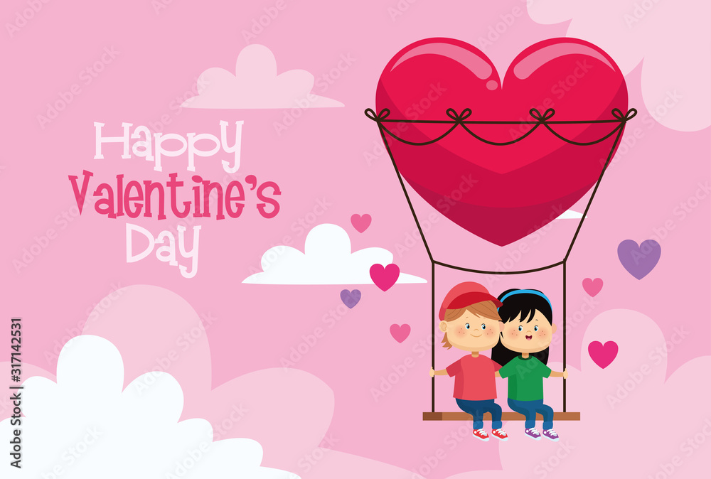 Wall mural cute little kids couple in heart swing valentines day card