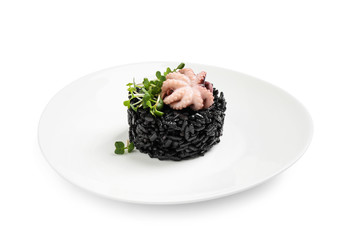Delicious black risotto with baby octopus isolated on white