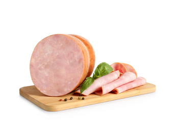 Tasty ham with basil and pepper on wooden board, white background © New Africa