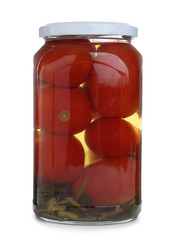Glass jar with pickled tomatoes isolated on white