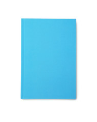 Stylish light blue notebook isolated on white, top view