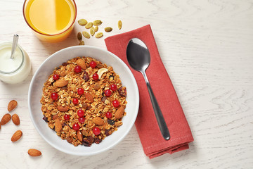 Tasty healthy breakfast served on white wooden table, flat lay