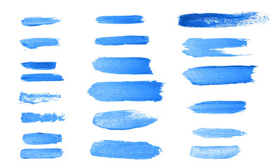 set of doodle smear blue colors stroke brushes isolated on white backgrounds, hand-drawn golden acrylic paint brush, abstract texture, stock photo illustration