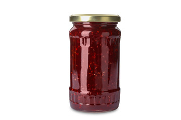 Jar of raspberry jam isolated on white