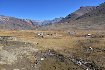 インドのヒマラヤ山岳地帯　スピティ谷の絶景　標高４５９０ｍのクンズム・ラ峠　仏塔と風にはためくタルチョ
