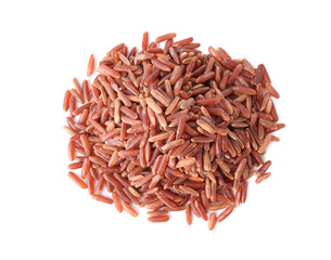 Uncooked brown rice isolated on white, top view