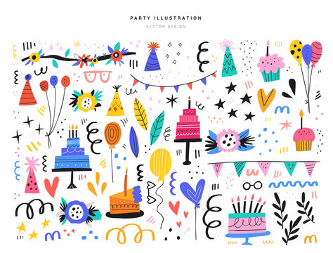 Party decorative items flat vector illustrations set