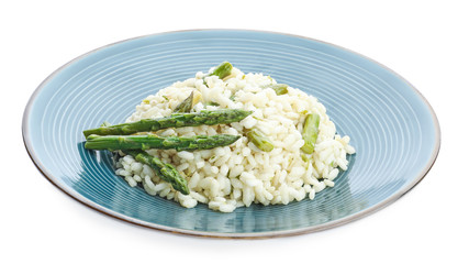 Delicious risotto with asparagus isolated on white