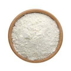Organic flour in bowl isolated on white, top view
