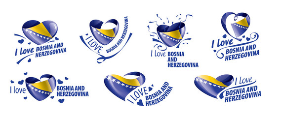 National flag of the Bosnia and Herzegovina in the shape of a heart and the inscription I love Bosnia and Herzegovina. Vector illustration