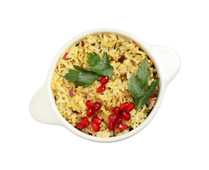 Tasty rice pilaf with pomegranate grains and parsley isolated on white, top view