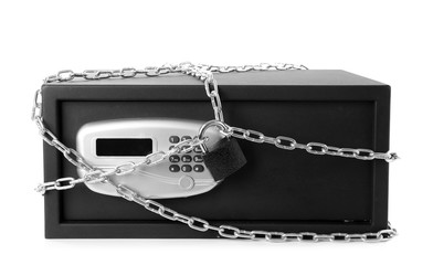 Black steel safe with chain and padlock isolated on white