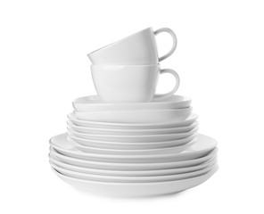 Set of clean tableware isolated on white