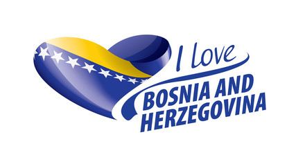 National flag of the Bosnia and Herzegovina in the shape of a heart and the inscription I love Bosnia and Herzegovina. Vector illustration