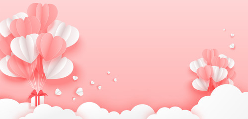 Paper balloon flying over cloud with gift box float on pink background. Illustration of love design for Valentines Day, Mothers day and Birthday. Vector illustration.