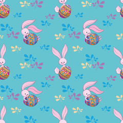 Easter seamless pattern with cute bunnies and colored eggs. Colorful vector background.