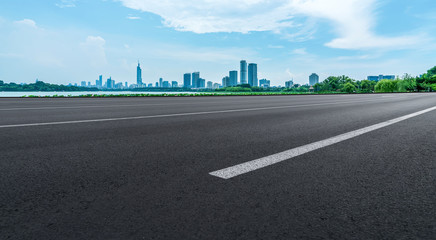 Asphalt Pavement Skyline and Nanjing Architectural Landscape