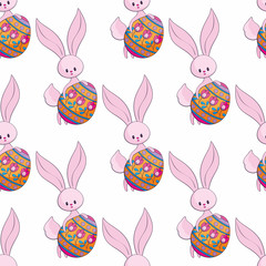 Easter seamless pattern with cute bunnies and colored eggs. Colorful vector background.