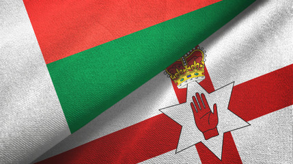 Madagascar and Northern Ireland two flags textile cloth, fabric texture