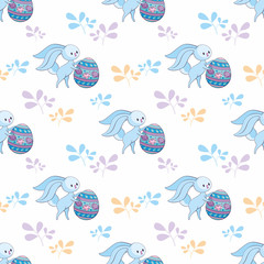 Easter seamless pattern with cute bunnies and colored eggs. Colorful vector background.