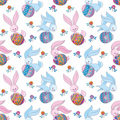 Easter seamless pattern with cute bunnies and colored eggs. Colorful vector background.