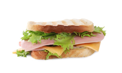 Tasty sandwich with ham isolated on white