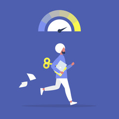 Young active indian male character running with a clockwork mechanism, Efficiency at work, modern life speed and pressure
