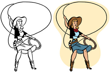 A cowgirl twirls a rope lasso in a rodeo performance. 