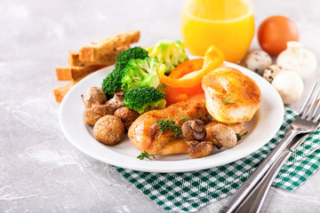 Healthy lunch - chicken fillet, mushrooms, broccoli and paprika. Selective focus. Copy space