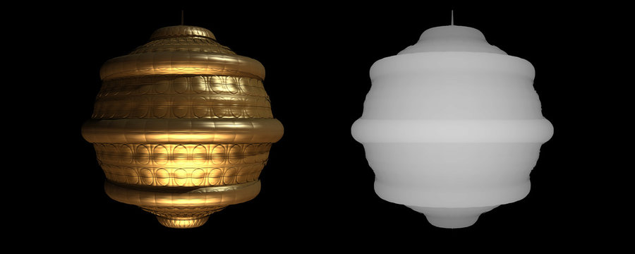 Golden textured lantern with 3D depth map, metallic brass hanging lamp on black background, ornate gold pendant light for CGI compositing