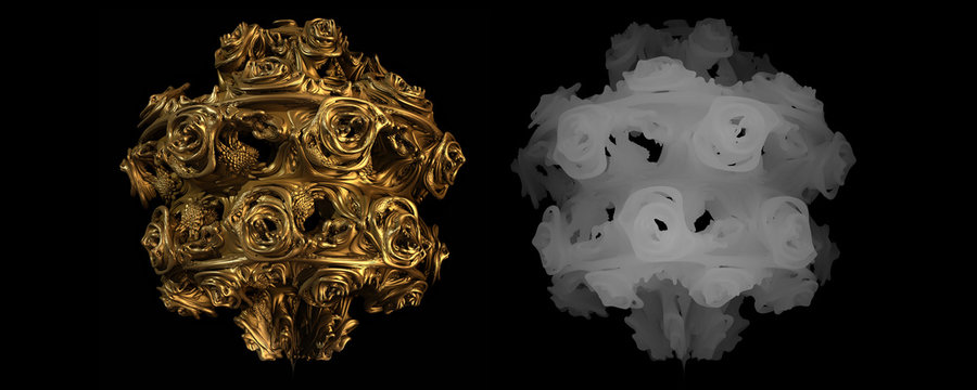 Golden fractal sphere with depth map, ornate 3D geometric sculpture, metallic gold abstract object on black background