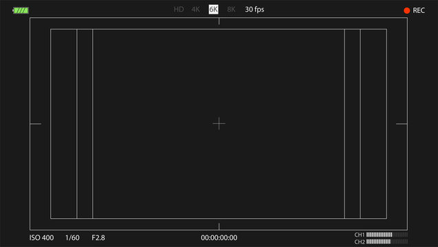 Digital camera viewfinder. Frame interface with point of focus, battery indicator, safe frame and rec status. Video screen of DSLR camera. Digital recorder display. Vector Illustration, EPS10