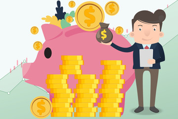 Stock investment take a profits concept. Marketing man doing activities various for investments and take a profits and trade with graph background. Stock investment concept vector illustration.