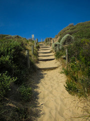 Fototapeta na wymiar Beach steps with wooden handrailing at Venus Bay, VIC, Australia. The steps lead to a white sandy beach