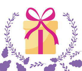 Gift with bowtie and leaves wreath vector design