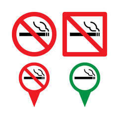 set of four logos and no-smoking signs, black cigarettes with smoke in red and green circles
