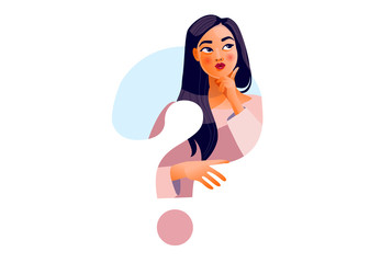 Thinking girl. Beautiful face, doubts, problems, thoughts, emotions. Curious woman questioning, question mark. Vector illustration