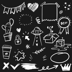 Hand drawn set elements, for concept design. doodle abstract isolated on black background . vector illustration.