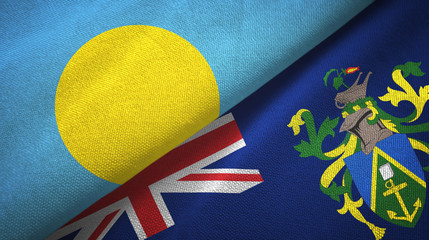 Palau and Pitcairn Islands two flags textile cloth, fabric texture