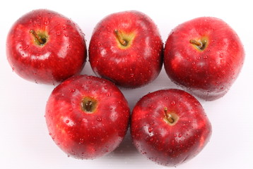 Red apple with water drops isolated on white background.