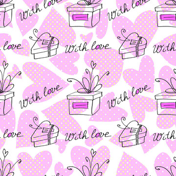 Seamless pattern with gift boxes and hearts. Cute hand drawn doodles. Concept for wrapping paper, greeting cards, xmas, packaging, wedding, birthday, fabric, Valentines Day, mothers Day