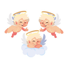 cute cupid angels in different poses on white background