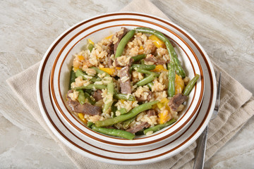 Mongolian beef with rice and vegetables