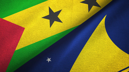 Sao Tome and Principe and Tokelau two flags textile cloth, fabric texture