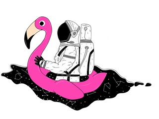 ilustración de astronauta sobre un flamenco © Milton